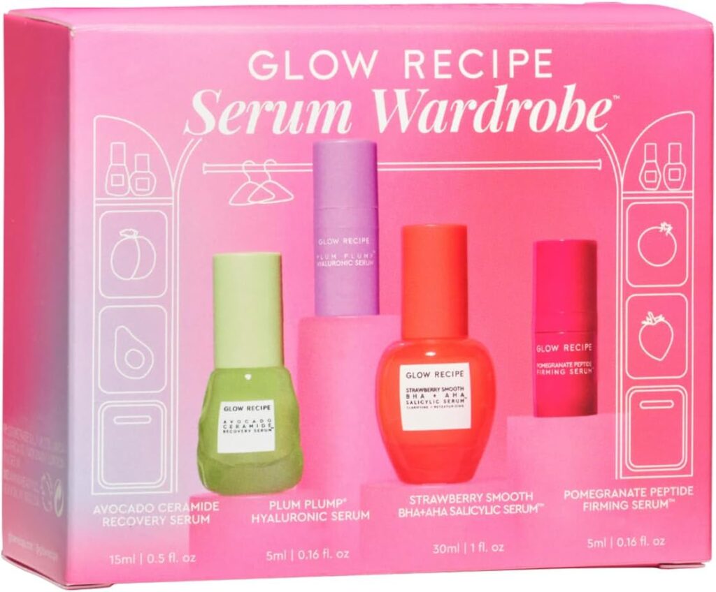 Glow Recipe Serum Skin Care Set - Avocado Ceramide Serum + Strawberry Smooth AHA BHA Serum + Plum Plump Hyaluronic Acid Serum + Pomegranate Peptide Firming Serum Set - 4 Piece Travel Skincare Gift Set