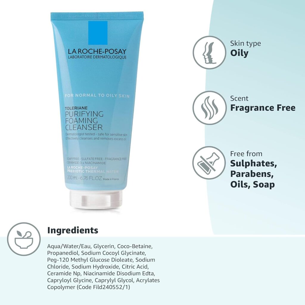 La Roche-Posay Toleriane Purifying Foaming Facial Cleanser, Oil Free Face Wash for Oily Skin and for Sensitive Skin with Niacinamide, Pore Cleanser Won’t Dry Out Skin, Unscented