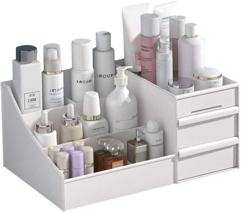 skin care organizer,Makeup Desk Organizer With Drawers,Countertop Organizer for Cosmetics,Vanity brush with Holder for Lipstick, Brushes, Eyeshadow, and Jewelry Desktop Finishing Dresser (White)