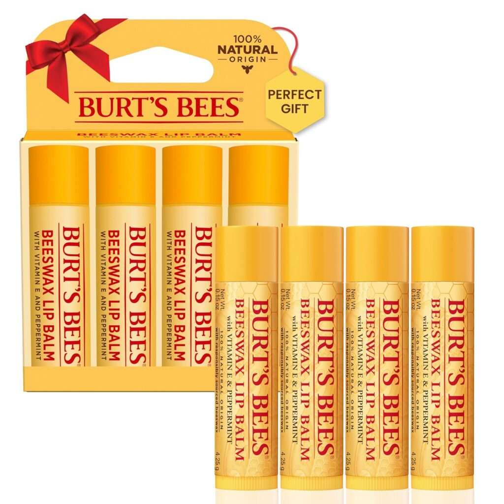 Burts Bees Lip Balm Stocking Stuffers, Moisturizing Lip Care Christmas Gifts, Original Beeswax with Vitamin E  Peppermint Oil, 100% Natural, 4 Count (Pack of 1)