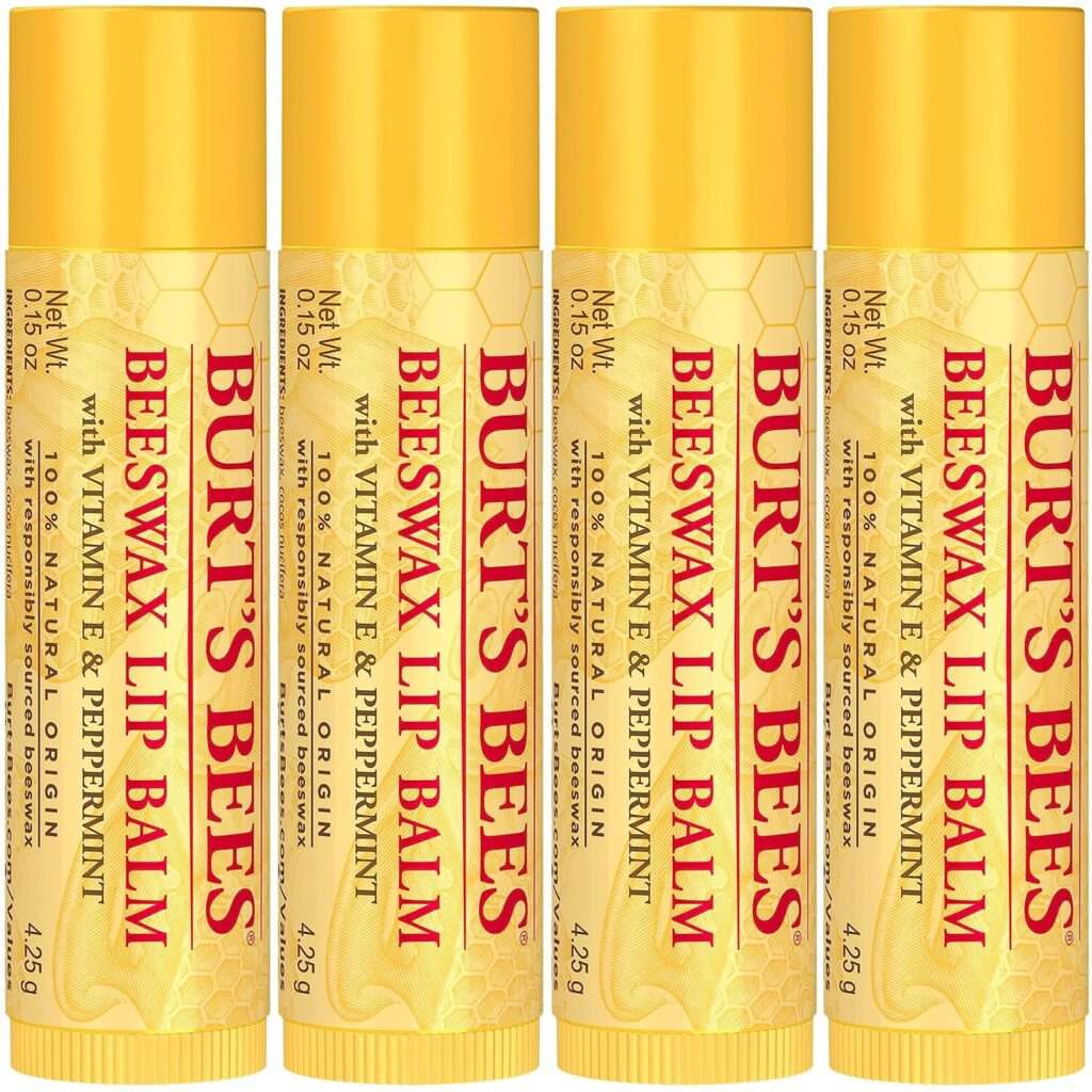 Burts Bees Lip Balm Stocking Stuffers, Moisturizing Lip Care Christmas Gifts, Original Beeswax with Vitamin E  Peppermint Oil, 100% Natural, 4 Count (Pack of 1)