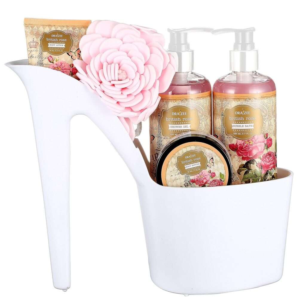 Draizee Spa Basket For Women 5 Pcs Heel Shoe Rose Scented Home Relaxation Fragrance Spa Gift Basket Set with Body Lotion Butter, Shower Gel, Bubble Bath Christmas Gift Basket for Women