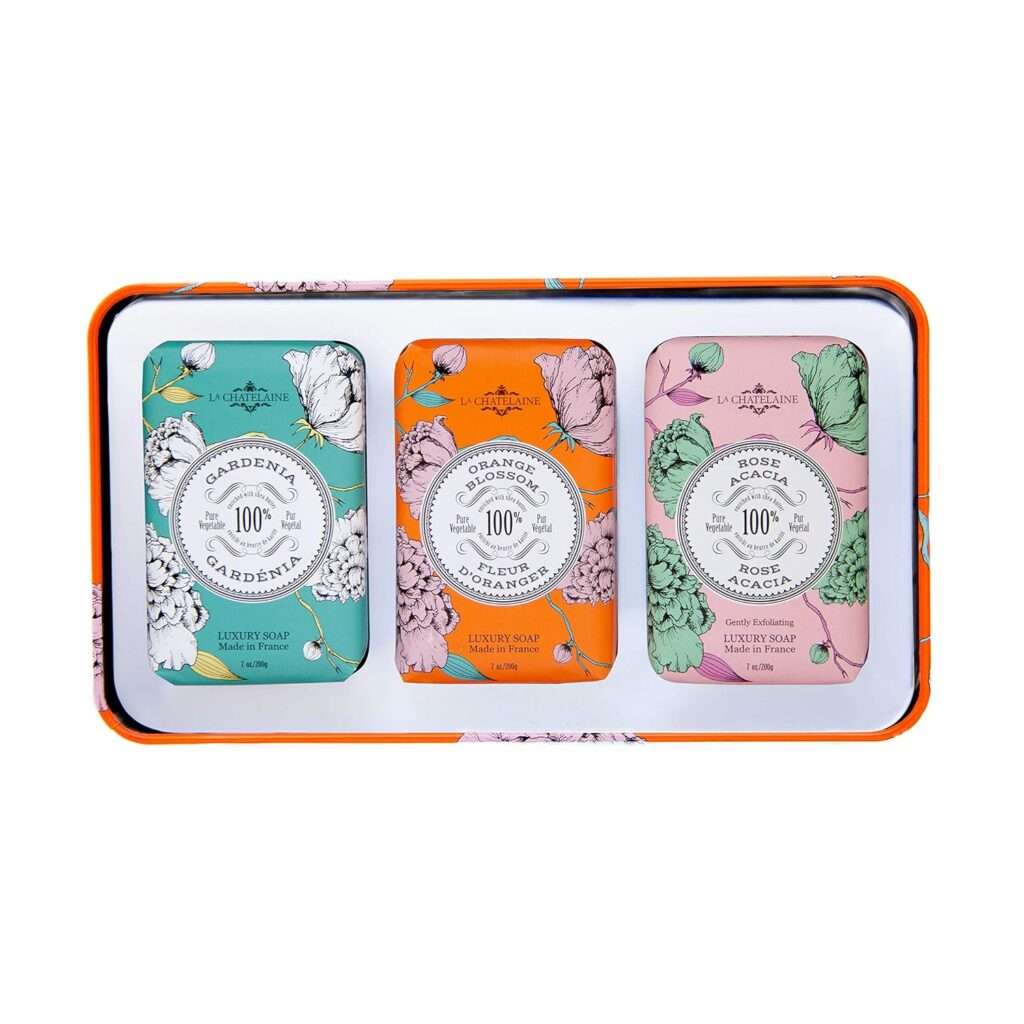 La Chatelaine Luxury Bar Soap Trio Gift Set Tin | Made in France | Natural and Organic | Shea Butter Formula | 3 x 7 oz / 200g -Aqua Soap Trio (Coconut Milk, Shea, Sweet Almond)