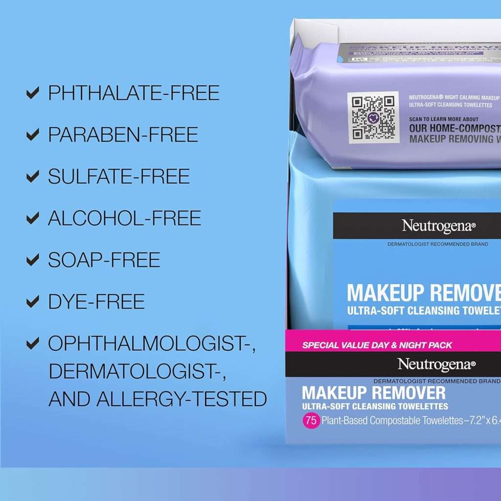 Neutrogena Cleansing Fragrance Free Makeup Remover Face Wipes, Cleansing Facial Towelettes for Waterproof Makeup, Alcohol-Free, Unscented, 100% Plant-Based Fibers, Twin Pack, 2 x 25 ct